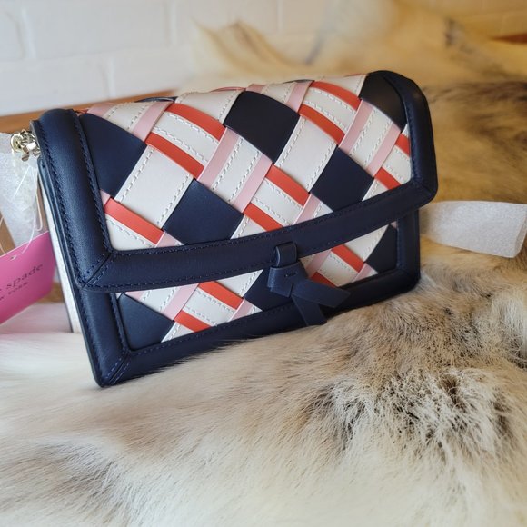 NWT Kate Spade Knott Woven Leather Flap Crossbody K6646 - Blazer Blue Multi - Picture 9 of 11